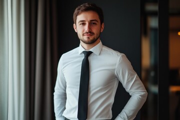 Accountant White Collar. Confident European Businessman in White Shirt and Black Tie Poses for Portrait