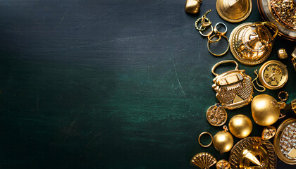 Flatlay. View from above. Copy space. A huge set of gold against a dark chalkboard
