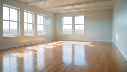 An empty room with hardwood floors, white walls, and large windows letting in natural light