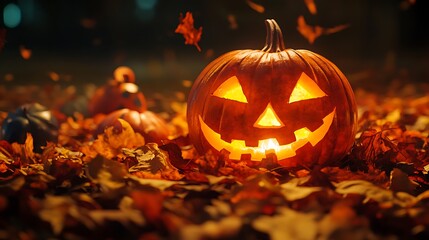 A glowing jack-o'-lantern sitting on a pile of autumn leaves, with other Halloween decorations scattered around