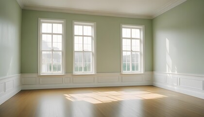 Obraz premium An empty room with hardwood floors, white walls, and large windows letting in natural light