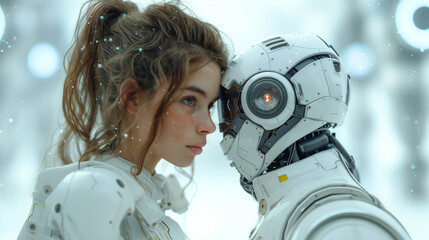 Tech Showdown Woman and Robot Face Each Other in Sci-Fi Environment