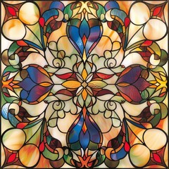 Colorful stained glass window with intricate floral pattern.