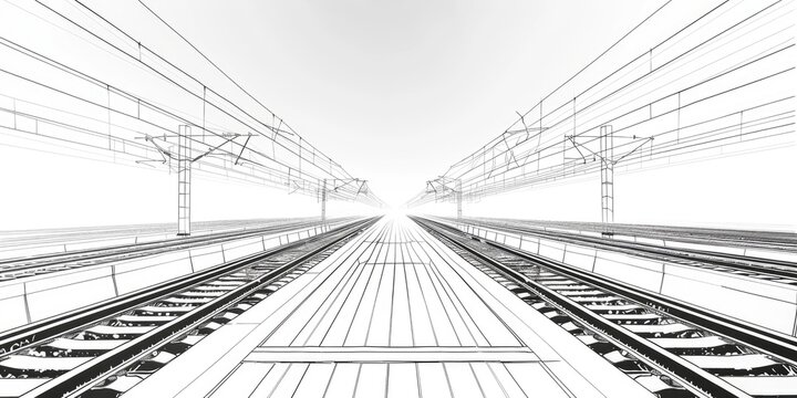 Black and white sketch of train tracks.