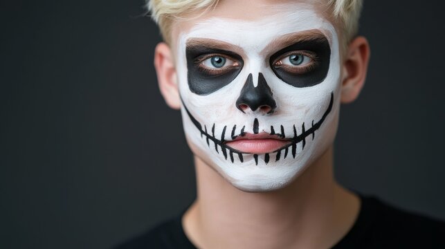 a man with white face painted like skeleton