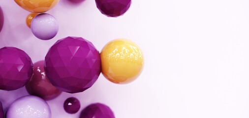 Abstract flying balls - 3D, render. Bright violet illustration with polygonal shapes for web wallpapers, posters, banners. Trendy color bubbles, children toys for technology and advertising.