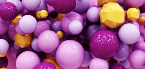 Abstract flying balls - 3D, render. Bright violet illustration with polygonal shapes for web wallpapers, posters, banners. Trendy color bubbles, children toys for technology and advertising.