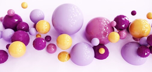 Abstract flying balls - 3D, render. Bright violet illustration with polygonal shapes for web wallpapers, posters, banners. Trendy color bubbles, children toys for technology and advertising.