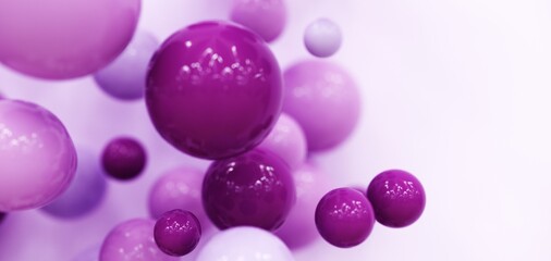 Abstract flying balls - 3D, render. Bright violet illustration with polygonal shapes for web wallpapers, posters, banners. Trendy color bubbles, children toys for technology and advertising.