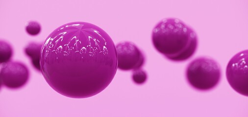 Abstract flying balls - 3D, render. Bright violet illustration with polygonal shapes for web wallpapers, posters, banners. Trendy color bubbles, children toys for technology and advertising.