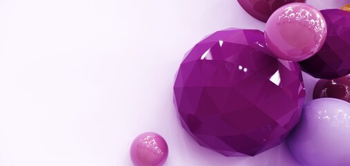 Abstract flying balls - 3D, render. Bright violet illustration with polygonal shapes for web wallpapers, posters, banners. Trendy color bubbles, children toys for technology and advertising.