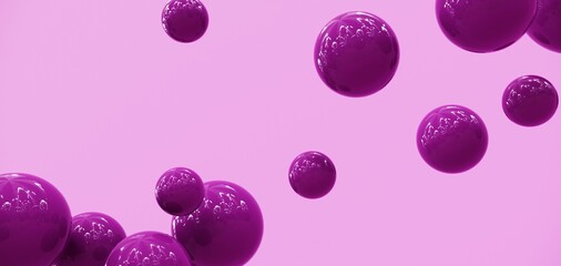 Abstract flying balls - 3D, render. Bright violet illustration with polygonal shapes for web wallpapers, posters, banners. Trendy color bubbles, children toys for technology and advertising.