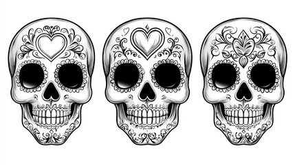three skulls with floral designs