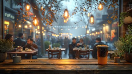 Calm evening atmosphere in a bustling café street with dim lights and happy patrons enjoying their meals