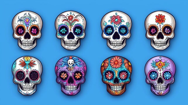 set of colorful sugar skulls