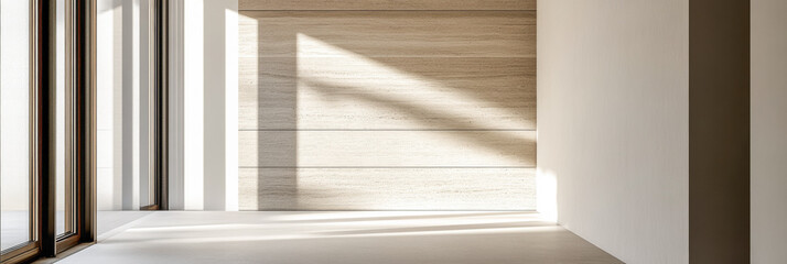 Obraz premium Empty apartment interiors in beige colors with lighting and shadows interplay. Luxury interior design composition with copyspace.