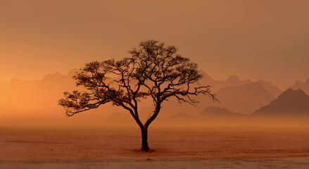 Typical african lone acacia tree with  Namib desert - Namibia, South Africa 