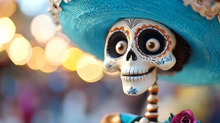 a skeleton wearing blue hat and flower