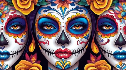 three sugar skulls with roses and on their heads