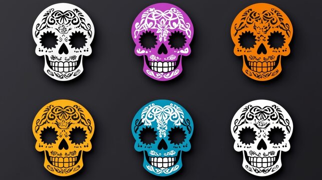 a set of six sugar skulls with different designs