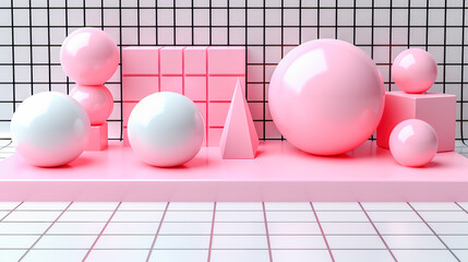 Pink and white geometric shapes creating a modern minimalist design on pink platform