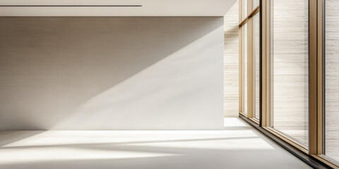 Obraz premium Empty apartment interiors in beige colors with lighting and shadows interplay. Luxury interior design composition with copyspace.