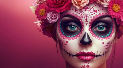 a woman with pink and blue face paint