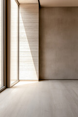 Empty apartment interiors in beige colors with lighting and shadows interplay. Luxury interior design composition with copyspace.