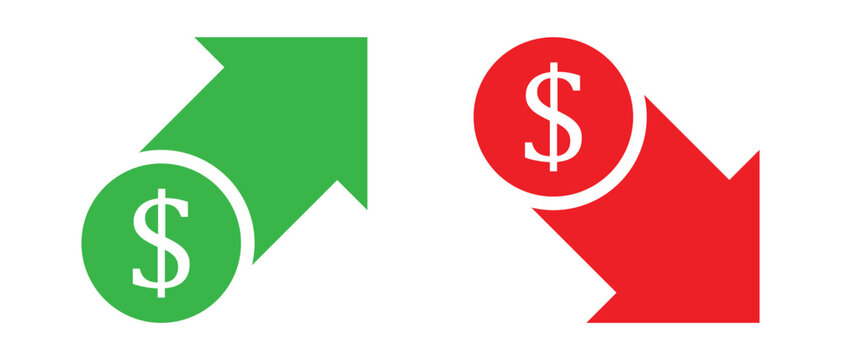 money increase and decrease icon. price, up, down, profit, loss, symbol with dollar and arrow sign. transparent png and vector illustration.
