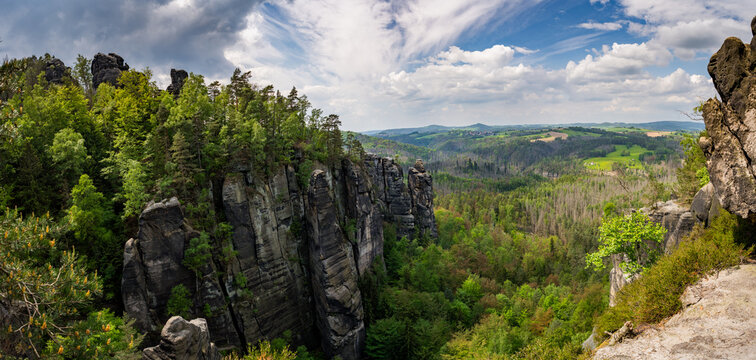 panorama view of sandstone hoodoos in saxon switzerland
