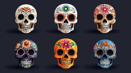 set of colorful skulls with floral ornameticl elements