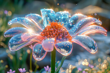 Holographic flower blooming in a futuristic garden