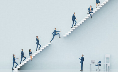 Businessman takes a rick and jump between stairs platforms, 3D rendering illustration 