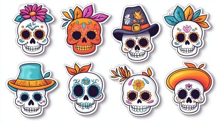 set of colorful skulls with hats and flowers