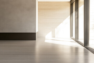 Fototapeta premium Empty apartment interiors in beige colors with lighting and shadows interplay. Luxury interior design composition with copyspace.
