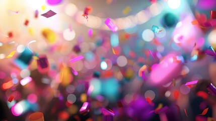 3D rendered confetti falling over a lively crowd, vibrant celebration 