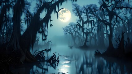 Eerie Swamp Scene with Full Moon, Gnarled Trees, and Glowing Eyes