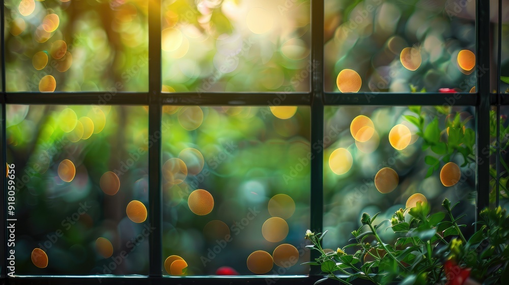 Wall mural Blurred garden view through window with green bokeh lights.