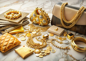 Luxurious gold jewelry and designer handbags scattered across a marble countertop, surrounded by credit cards and cash, epitomizing extravagant wealth and material excess.