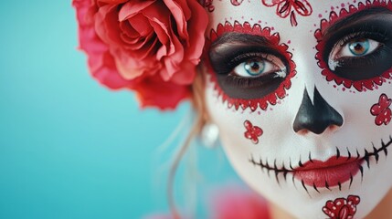 a woman with face painted in red roses