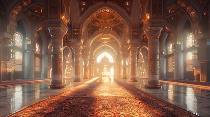 Obraz premium Grand Mosque Interior with Ornate Islamic Architecture and Sunlight.