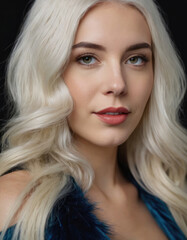 Naklejka premium A close-up portrait of a young woman with long, platinum blonde hair, set against a dark backdrop, highlighting her elegance, beauty, and the contrast in visual elements.