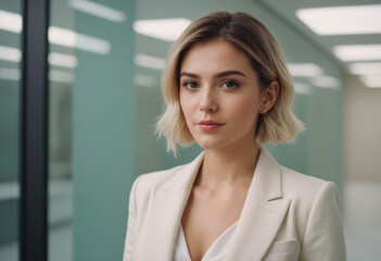 Fototapeta premium A professional woman, dressed in a white blazer, stands confidently in a modern office hallway, exemplifying the essence of corporate sophistication and success. The clean, minimalist office design un