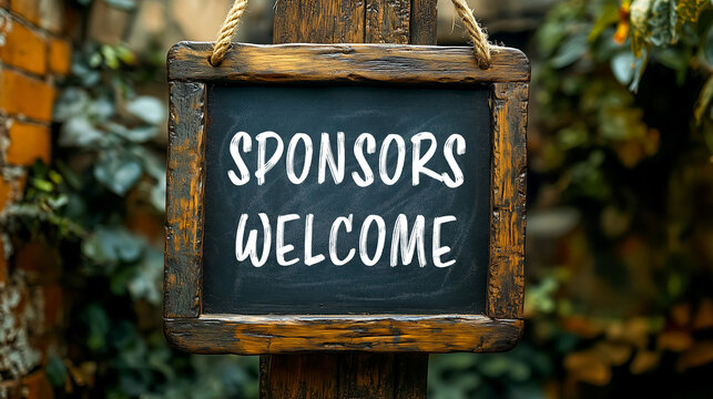 Sponsors welcome message written on a blackboard. Conceptual sponsors welcome symbol. Copy space.