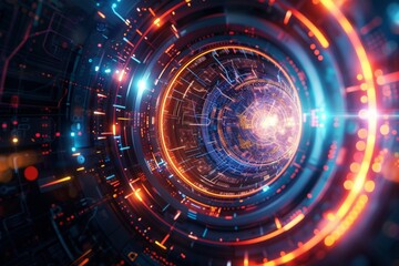 Futuristic digital tunnel with vibrant circular lights in motion. Conceptual image symbolizing advanced technology. Ideal for tech-themed projects and modern design. Generative AI