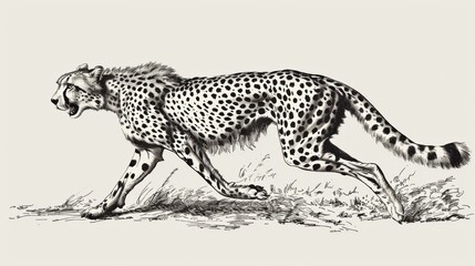 Black and white Vintage engraved art of a cheetah running towards the camera, isolated on white background, ink sketch illustration, simple vector art design, highly detailed line art