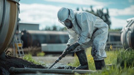 A worker in protective gear cleans a septic tank, performing essential waste disposal services in an industrial setting.