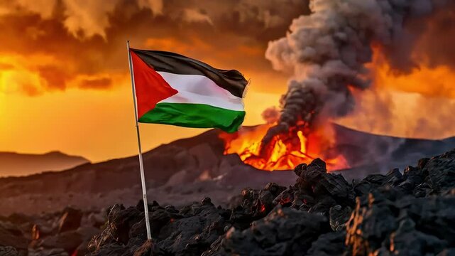 A flag waving against a backdrop of a fiery volcano.