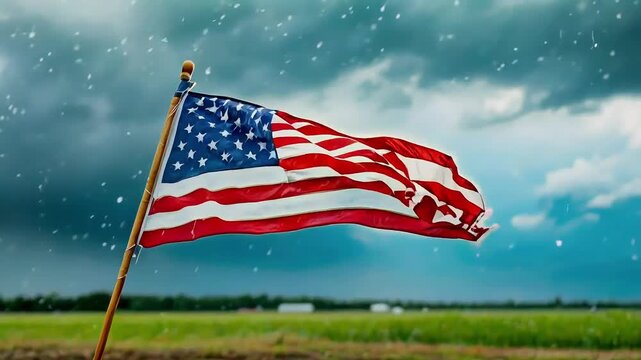 American flag waving in the rain.