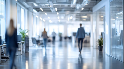 Blurred office hallway with people walking.